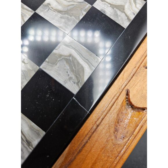 Hand Carved Wooden Marble Chess Board Set w/2 Drawers White Black Onyx Pieces - Picture 6 of 11